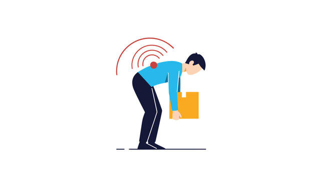 Animated man suffering from lower back pain while improperly lifting a heavy yellow cardboard box, highlighting safety.