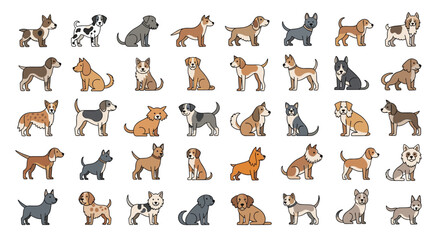 Fototapeta premium Extensive cartoon collection of various dog breeds and cute puppies in flat design style isolated on white background.