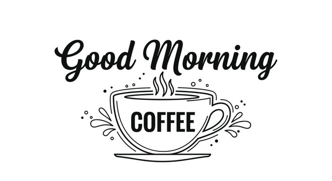 Typographic quote good morning coffee is paired with a hand-drawn hot cup of coffee, perfect for cafe menu and morning mood.