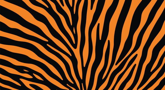Bold seamless tiger stripe pattern in vibrant orange and black colors representing wild safari textures on wallpaper.