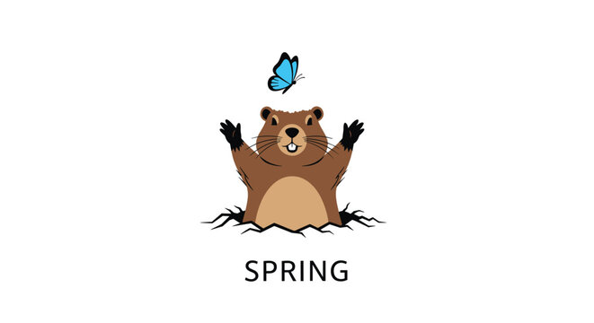 Cute Groundhog Day illustration with a smiling groundhog coming out of a hole under a flying butterfly on white.