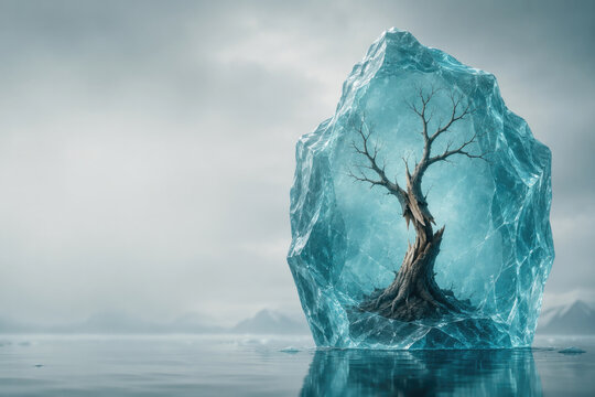 A dead tree is trapped inside a large block of ice. Space for text.