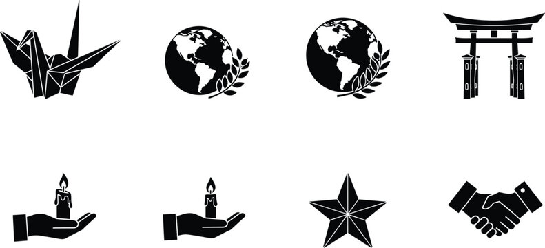 Collection of symbolic icons representing peace cooperation sustainability cultural heritage humanitarian values and global unity