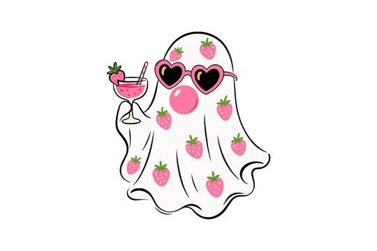 Sweet Strawberry Pattern Ghost With Bubblegum Sublimation Design