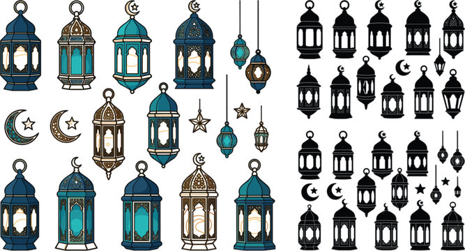 Ramadan Lantern Vector Element Set with Islamic Fanous Moon Stars and Black Silhouettes for Eid Mubarak Greeting Card Designs