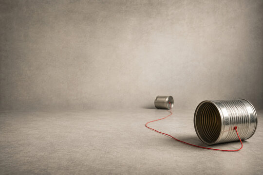 Two tin cans are connected by a red string. Space for text.