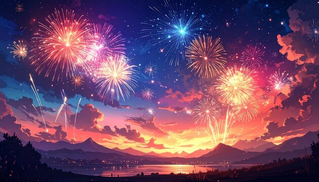 Anime style illustration of fireworks exploding over a landscape at dusk with colorful sky