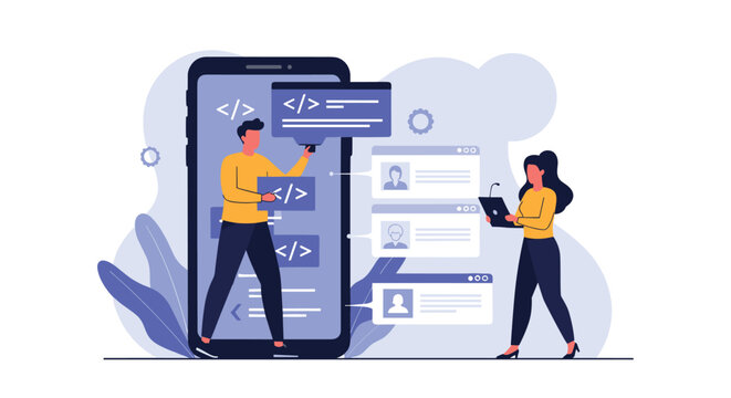 Professional mobile app developers coding software interface and managing user profiles on a large smartphone screen.