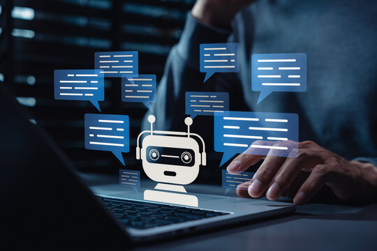 AI chatbot communication and digital customer support concept with virtual assistant, chat bubbles, automated replies, AI agent, online messaging, helpdesk workflow, business service automation