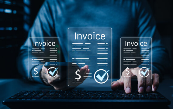Digital invoice approval and online payment processing concept with verified billing documents, checkmark validation, e-invoice, financial records, accounting workflow, business transaction management