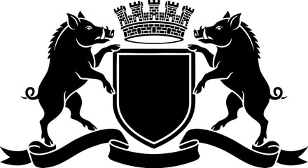 Naklejka premium Heraldic Coat of Arms Silhouette with Wild Boars and Shield
