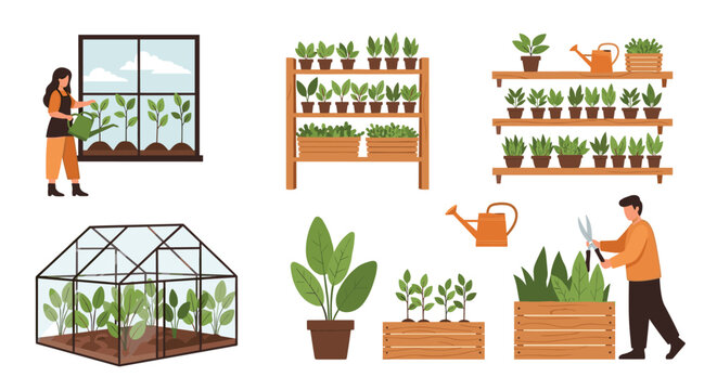 Gardening set with people caring for domestic plants, watering flowers, pruning trees in greenhouse and on shelves.