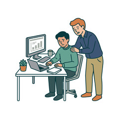 Fototapeta premium Manager comforts upset employee at office desk with computer