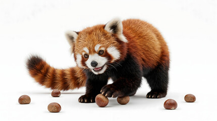 Obraz premium AI-generated adorable red panda playing with chestnuts white background
