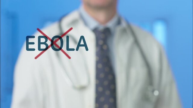 Out of focus doctor with a stethoscope crossing out the word ebola on a virtual screen, symbolizing the fight against the deadly hemorrhagic fever virus and the search for a cure
