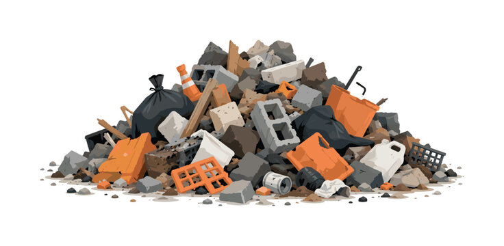 Pile of mixed waste and rubble with orange debris on white background, waste, rubble, debris, trash, pile, orange, gray, recycling