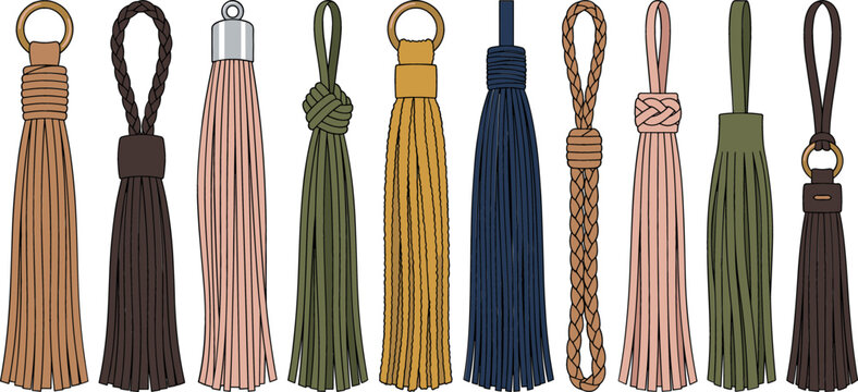 Flat vector illustration set of decorative fabric tassels with braided cords rings and fringes in earth tones isolated on a white background