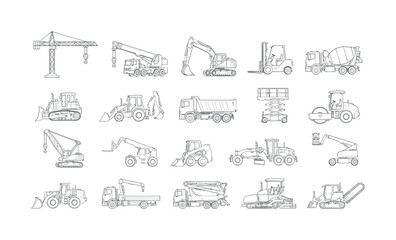Obraz premium Construction machinery outline set with crane truck forklift and building equipment, construction, machinery, icons, crane, truck,