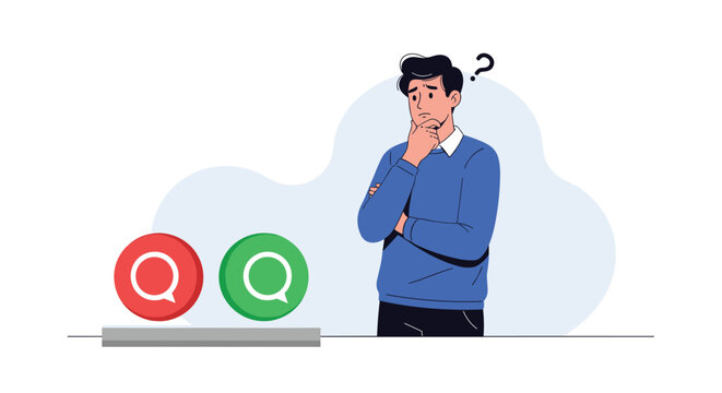 Thoughtful young man standing and making a difficult decision between red and green chat speech bubble buttons.