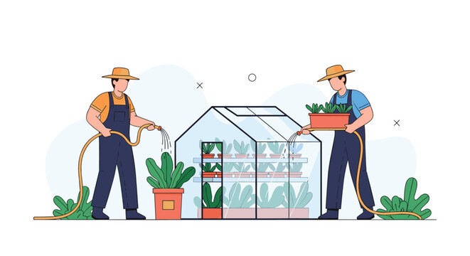Two professional male gardeners in overalls and straw hats watering plants and potted greens near a glass greenhouse.
