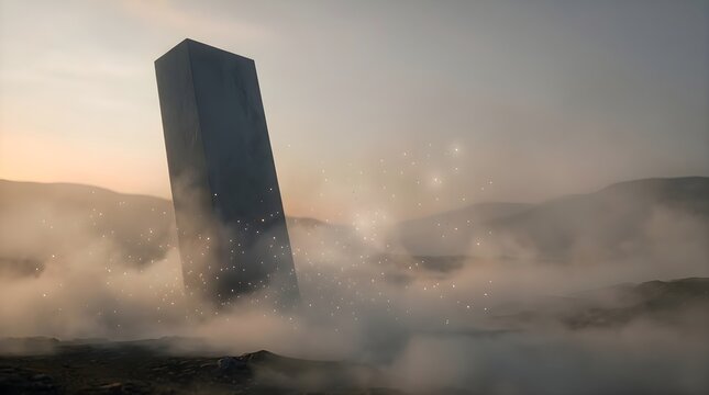 Futuristic black monolith standing in misty fog landscape at sunset