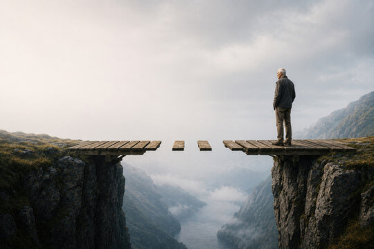 Man faces a broken wooden bridge over mountains. Space for text.