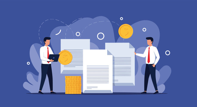 Two successful businessmen analyzing large financial documents next to a stack of gold coins on blue background.