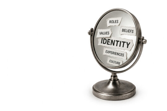 Round mirror with identity labels on torn paper. Space for text.