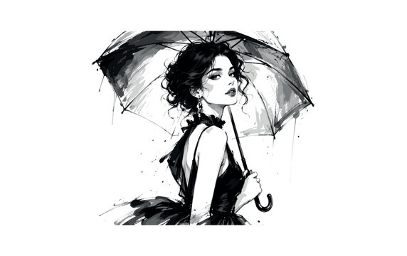 Black and white fashion portrait of woman with umbrella in moody sketch style, woman, umbrella, portrait, fashion, black, white,