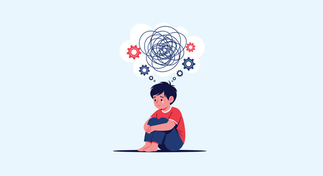 Sad crying boy sitting on floor with a messy scribble cloud and gears above head representing mental stress.