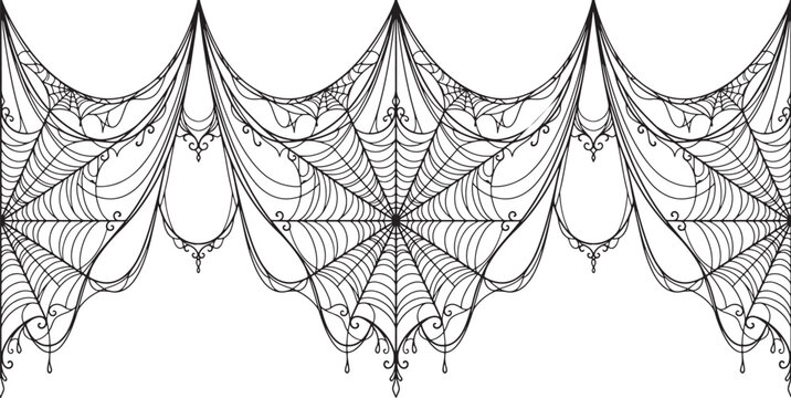 Seamless Halloween spider web border with decorative hanging lace elements for spooky holiday party invitation graphic design