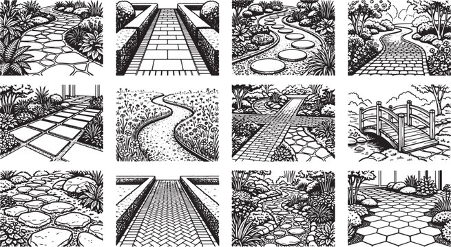 Set of garden path designs with stone walkways and landscaping elements in black and white vector illustration