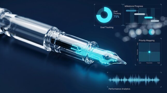 Fountain pen with glowing electronic circuit nib symbolizes the fusion of traditional creative writing and modern digital data processing in a contemporary business workspace environment.