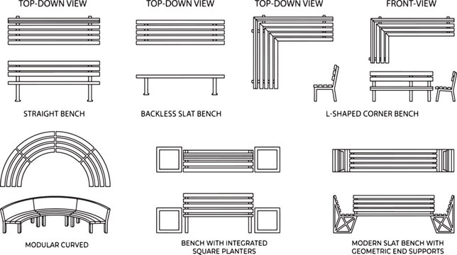 Set of outdoor park bench design blueprints showing various modular configurations and structural views in vector format