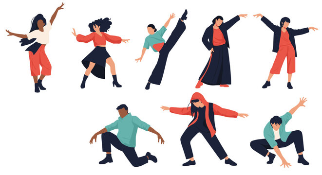 Collection of diverse contemporary dancers performing active movements in colorful casual clothes on white.