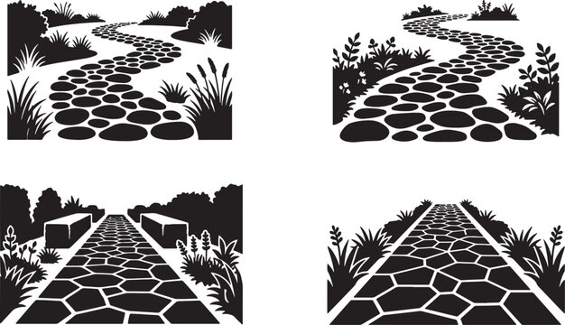 Stone path and garden walkway silhouettes set with natural landscaping elements in a flat vector graphic style