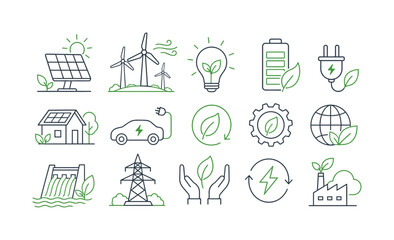 Fototapeta premium Eco energy outline icon set with solar panels, turbines, certificates and green technology symbols, eco, energy, icons, solar,