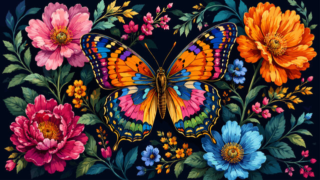 Colorful butterfly on dark floral background with vivid wing patterns and flowers, butterfly, floral, wings, flowers, dark,