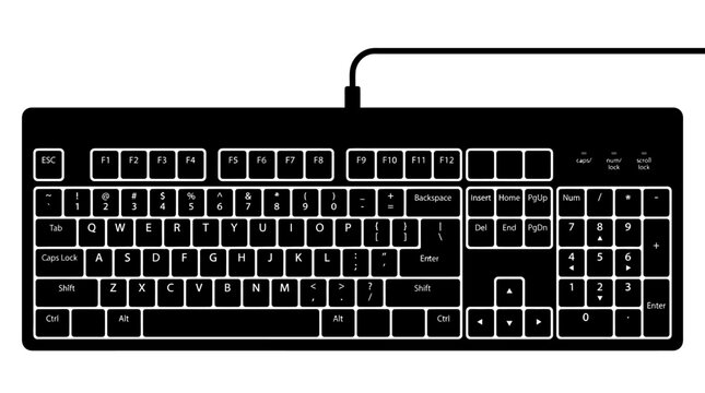 Black Computer Keyboard with Cable, White Letters on Keys