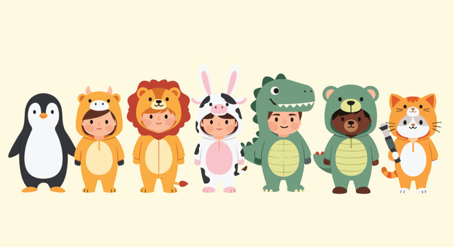 Adorable line of small children wearing cute animal kigurumi pajamas like penguin, lion, cow, and dinosaur.