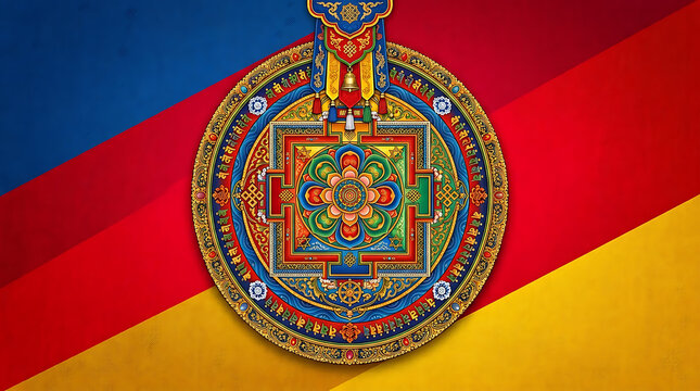 A colorful Tibetan mandal ornament with intricate details and a patterned background