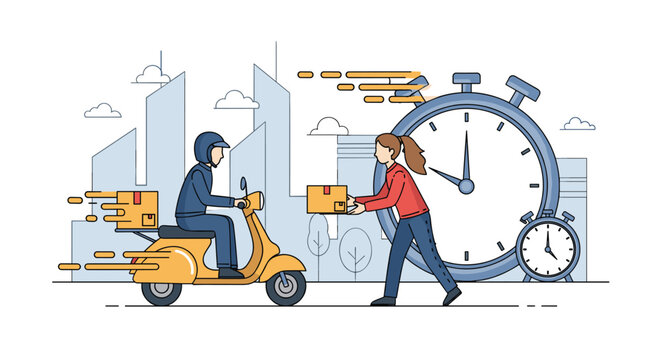 Express courier on scooter delivering a parcel box on time to a female customer with giant clocks behind.