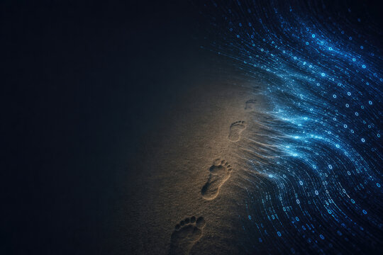 Footprints in the sand turn into a digital stream. Space for text.