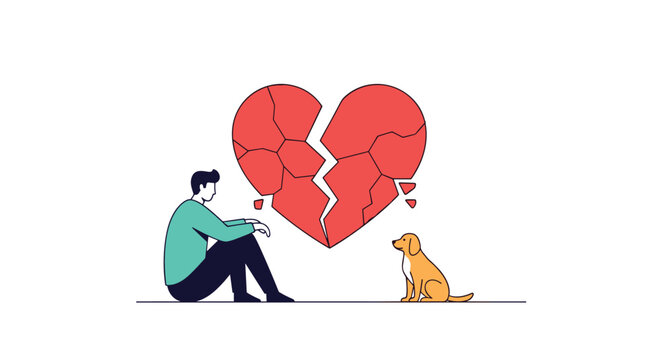 Sad heartbroken man sitting on the floor next to a giant cracked red heart with his loyal dog comforting him.