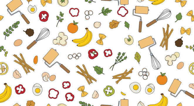 Seamless cartoon pattern of various baking ingredients kitchen tools rolling pins eggs pasta and herbs on white.