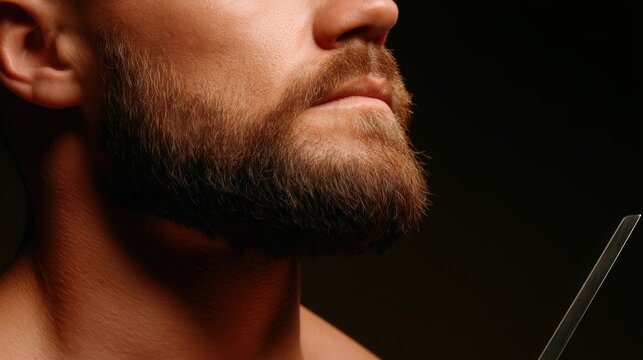 Close-up of a man"s well-groomed beard and lips against a dark background, highlighting facial hair texture and grooming.