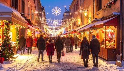 Obraz premium Bustling European Christmas market at dusk, adorned with lights, snow, and shoppers