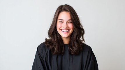 Obraz premium A young woman with long dark hair smiles brightly, wearing a black outfit against a plain light gray background.