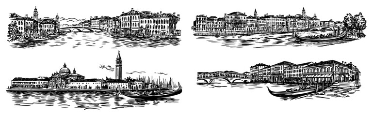 Venice Italy Cityscape Collection, Hand Drawn Engraving Style Panoramas of Grand Canal with Gondolas, Rialto Bridge and San Marco Landmarks Sketch © JakubVectorSketch