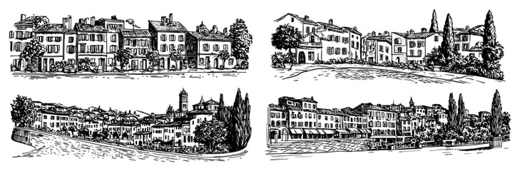 Obraz premium Set of European Old Town Street Sceneries, Hand Drawn Engraving Style Mediterranean Village Panoramas, Vintage Architecture Collection